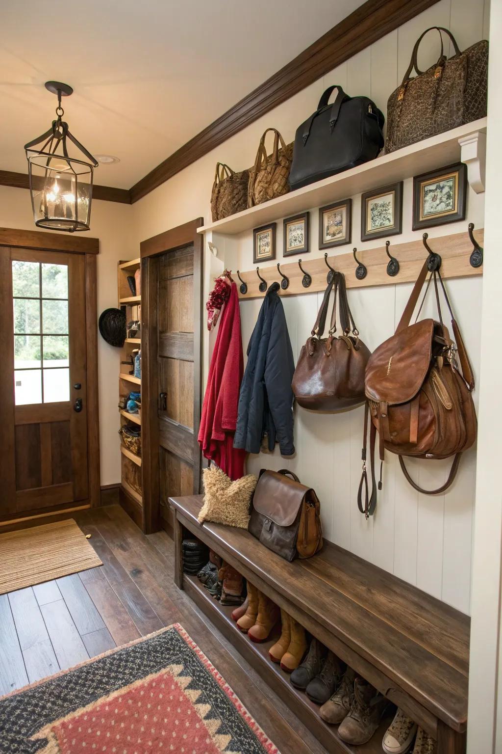 This cozy mudroom combines functionality and style with equestrian wall hooks.