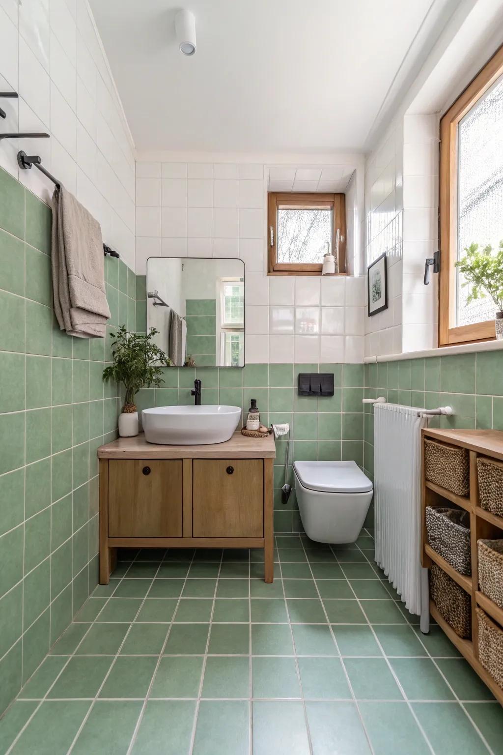 A bathroom with sage green floor blocks that make a bold design statement.