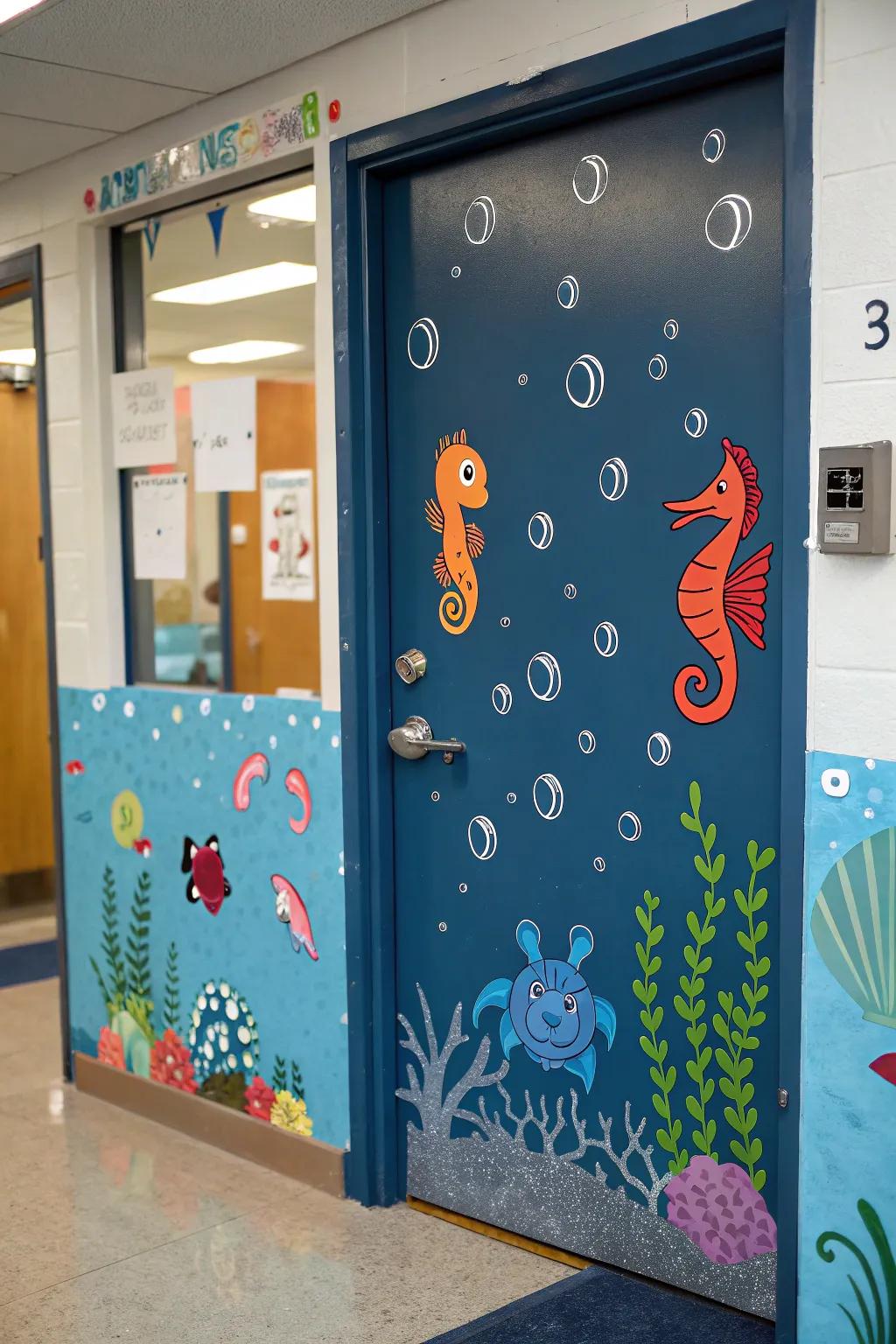 An exciting aquatic-themed academic entrance featuring sea creatures.