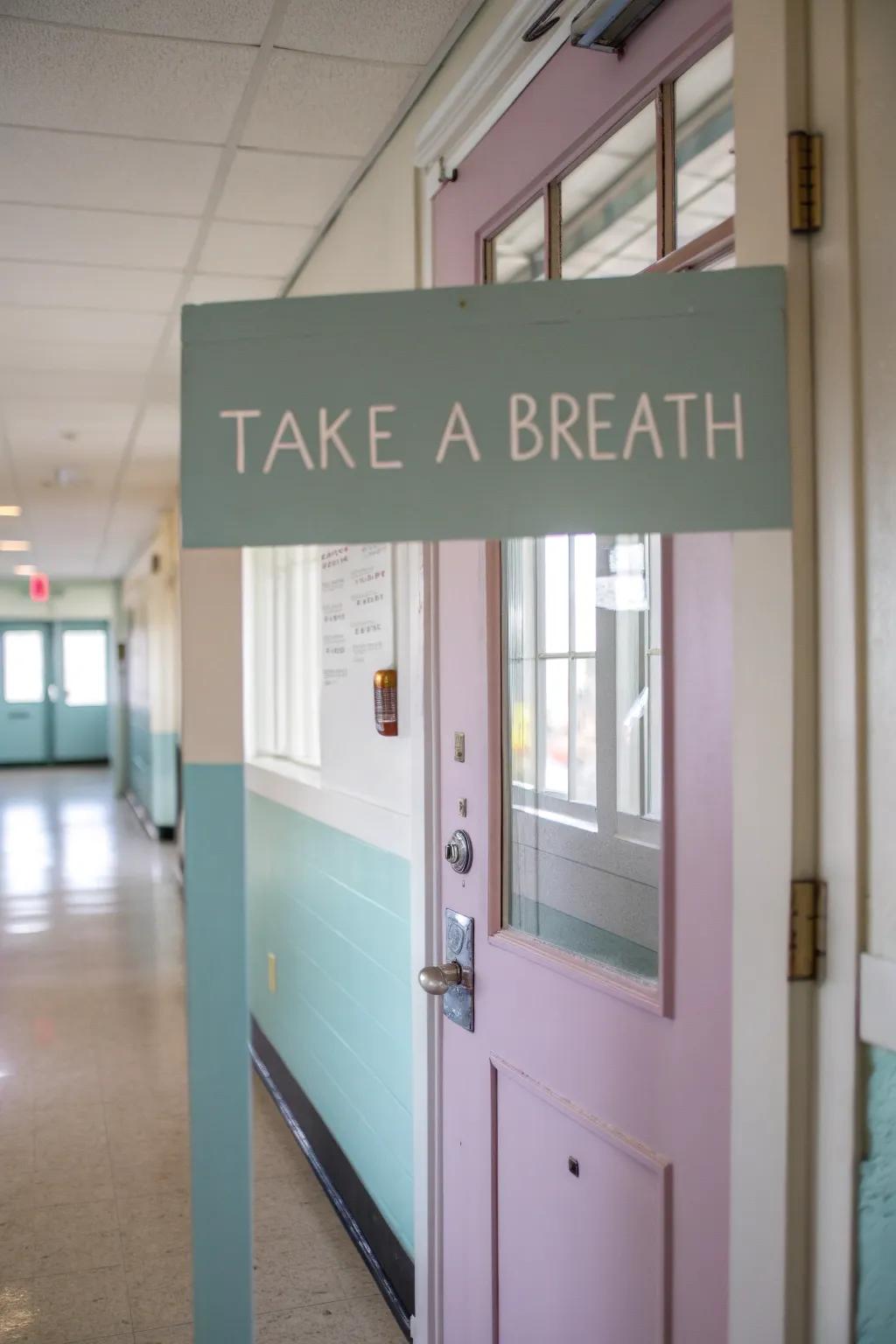 A school nurse door shows mindfulness reminders for relaxation.