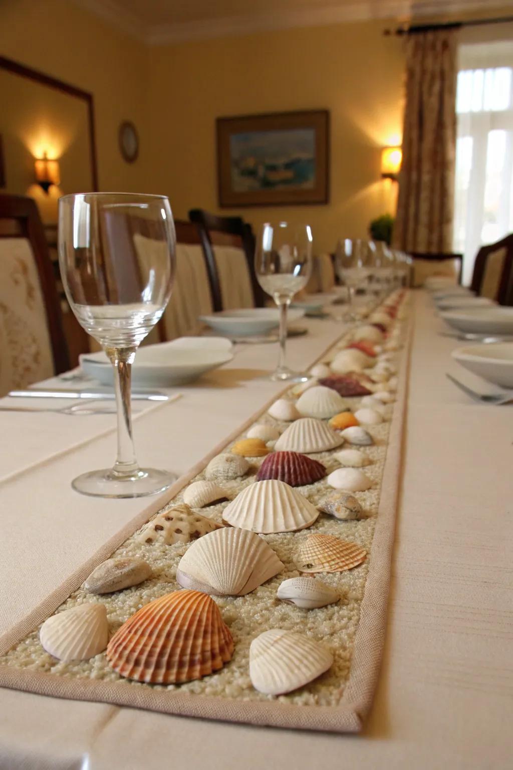 A seashell table runner forms a breathtaking centerpiece for meal events.