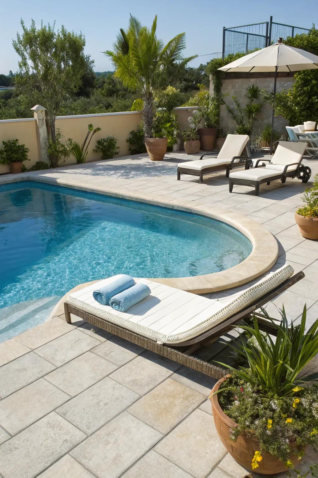 A semi-inground pool featuring a relaxing sunbathing platform for sun enjoyment.
