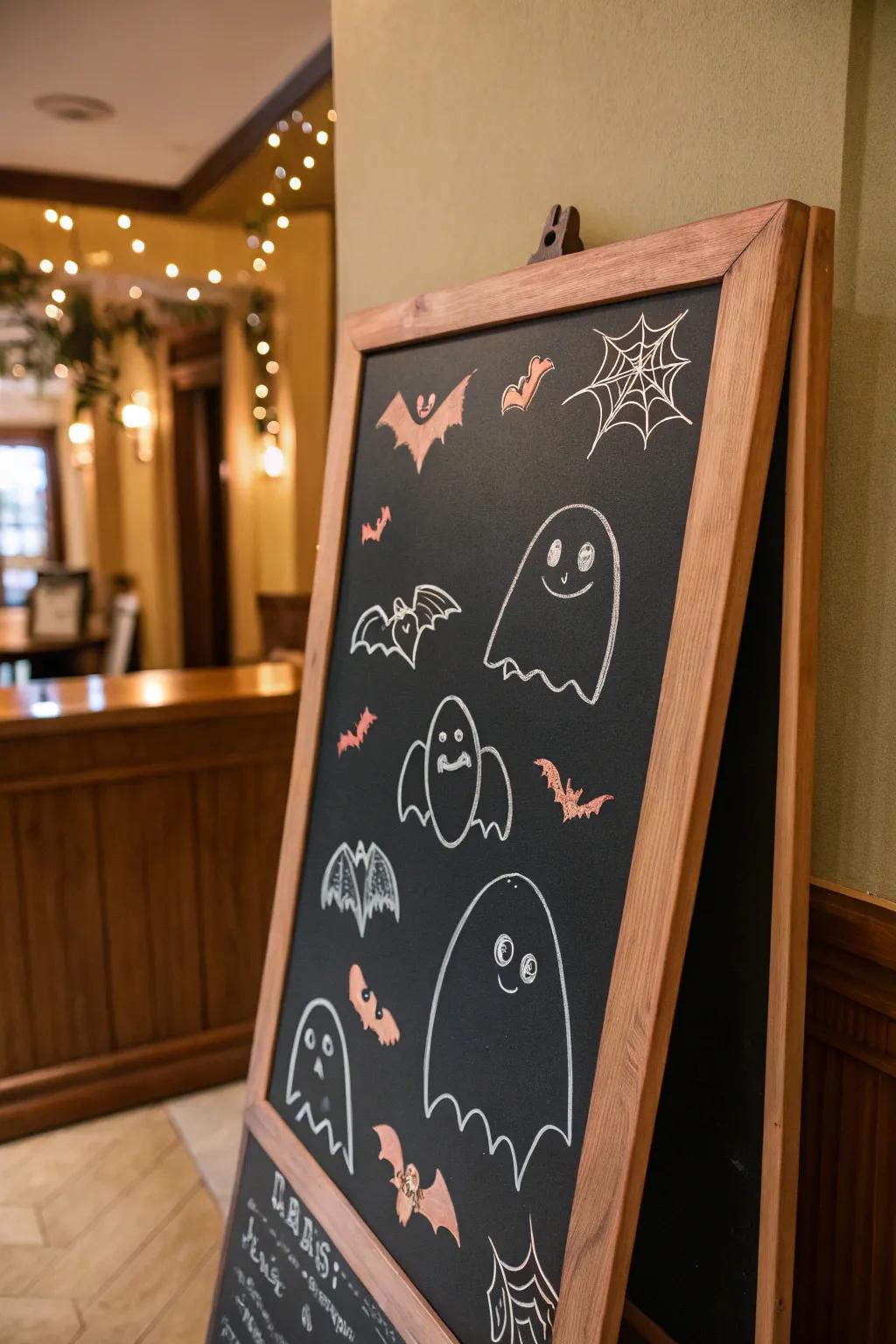 A chalkboard teasing Halloween with little ghosts and bats drawn in chalk.