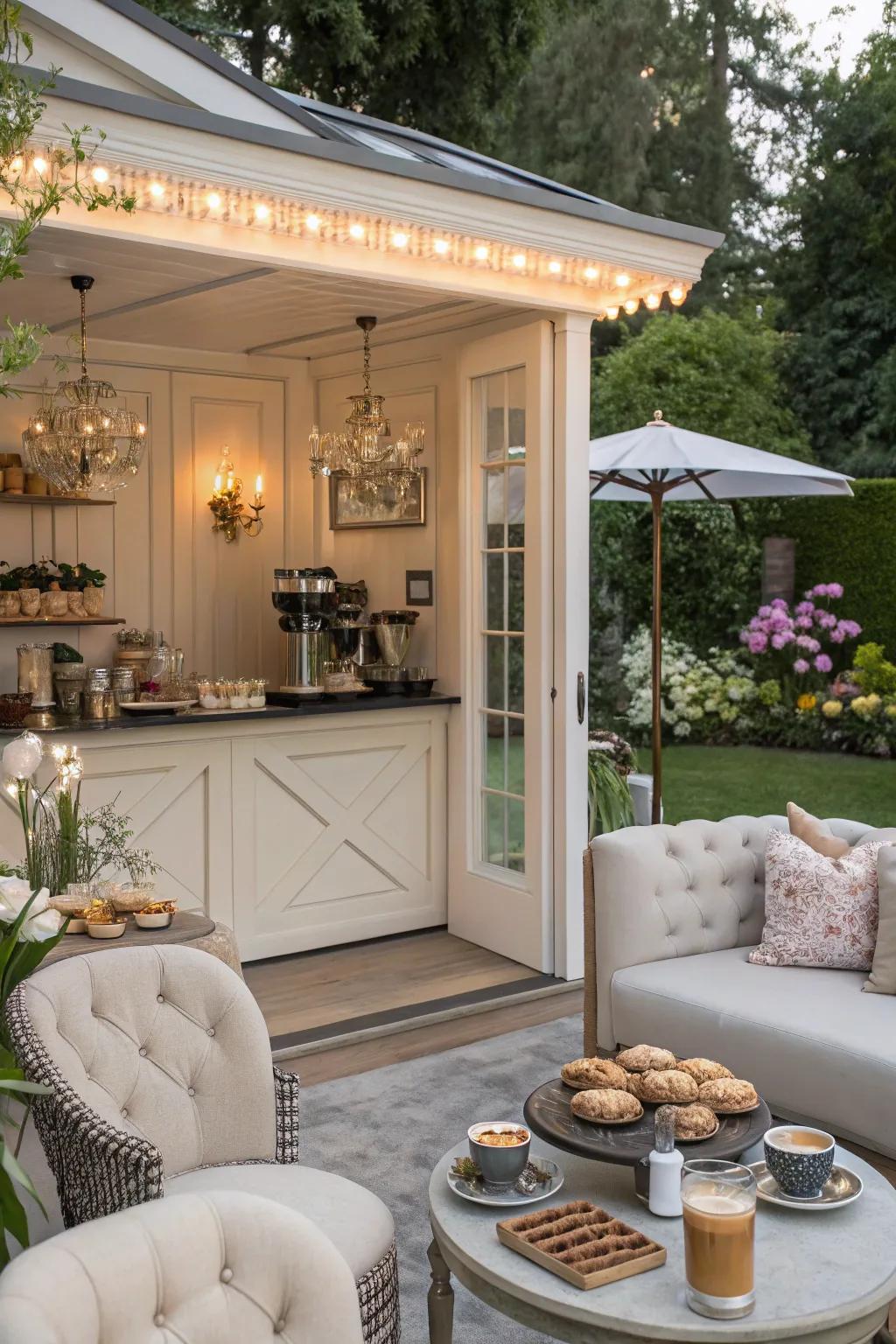 A stylish coffee spot providing delightful moments inside a she shed.