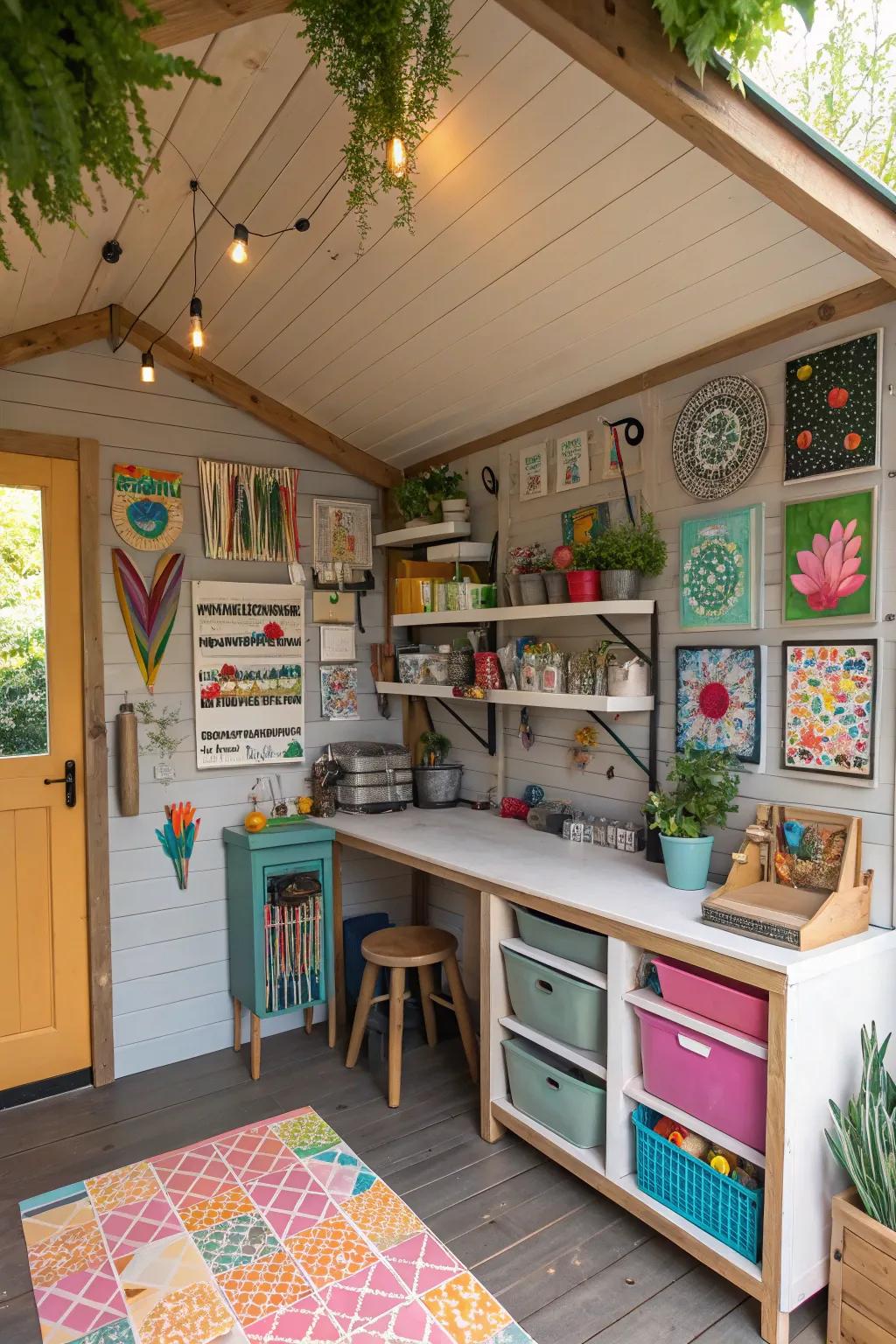 Transform your she shed into a hobby nook with custom decor and a dedicated workspace.