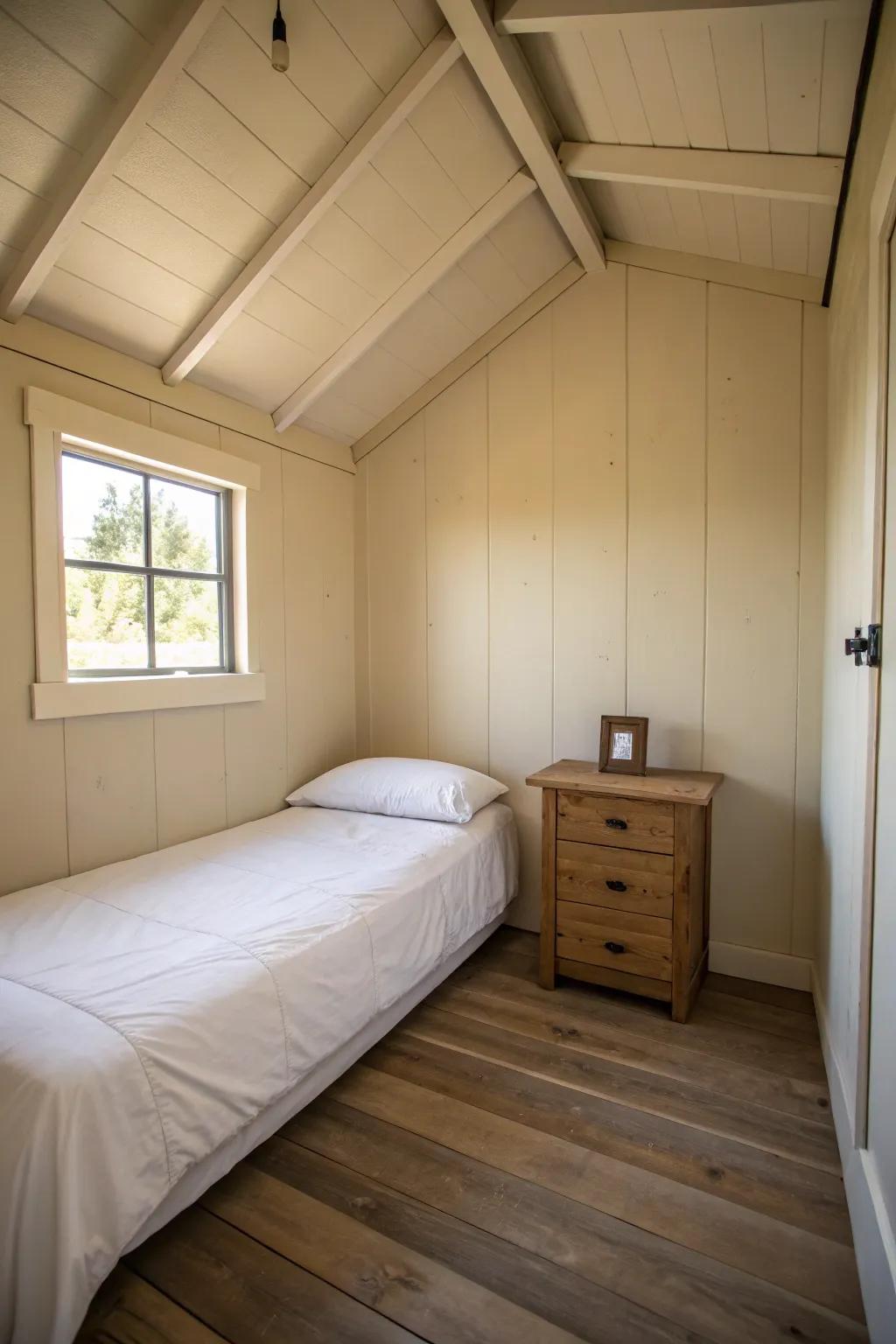 Minimalist design creates a clean and serene shed bedroom.