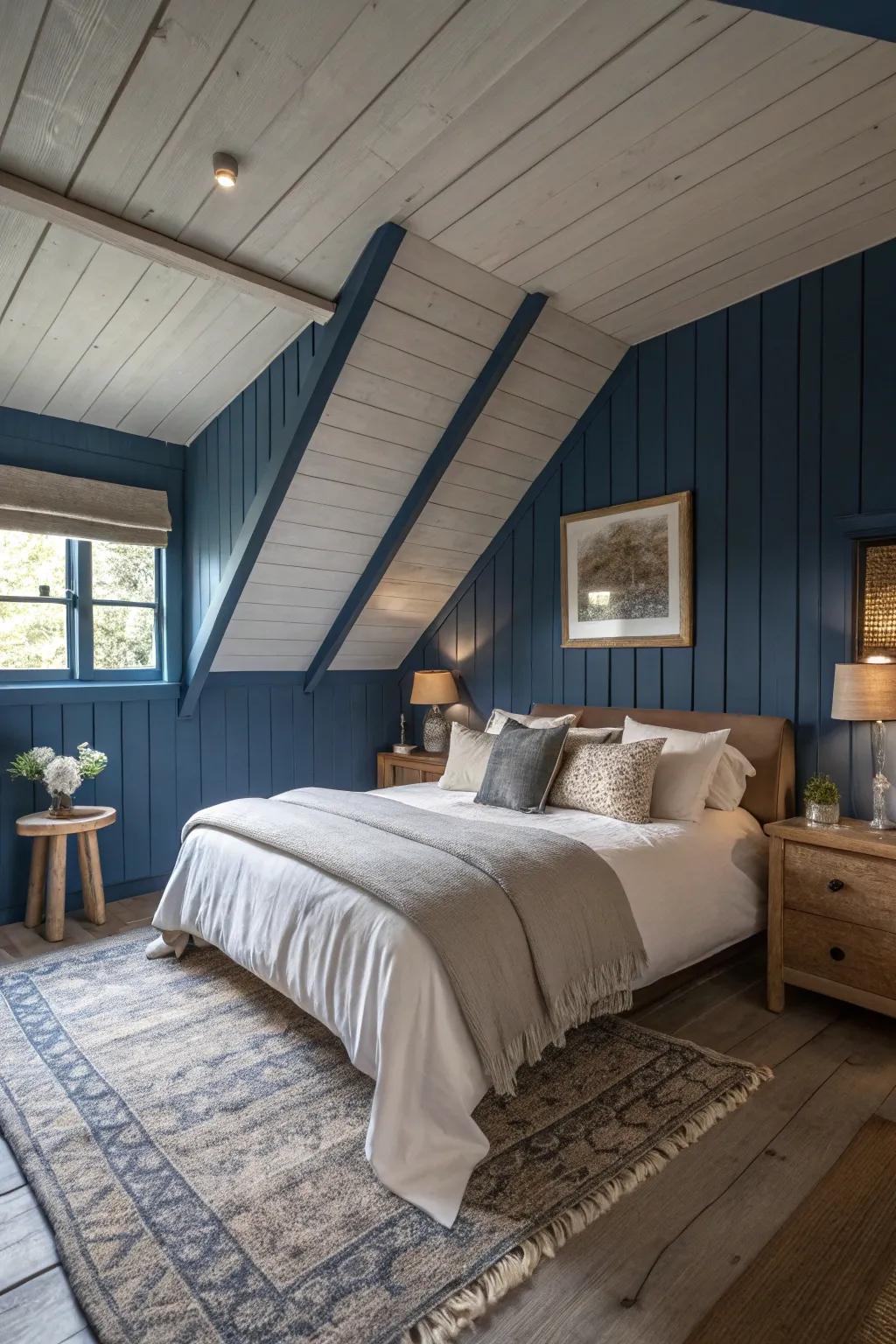 A calming deep blue shed ceiling within a snug bedroom.