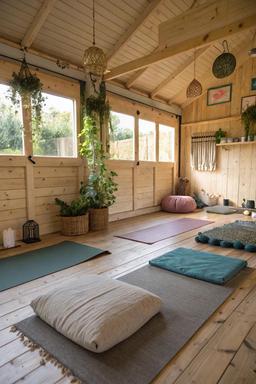 A shed designed as a serene space for yoga and meditation.
