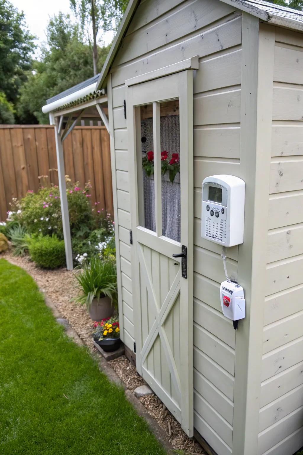 A shed alarm activates, deterring potential intruders.