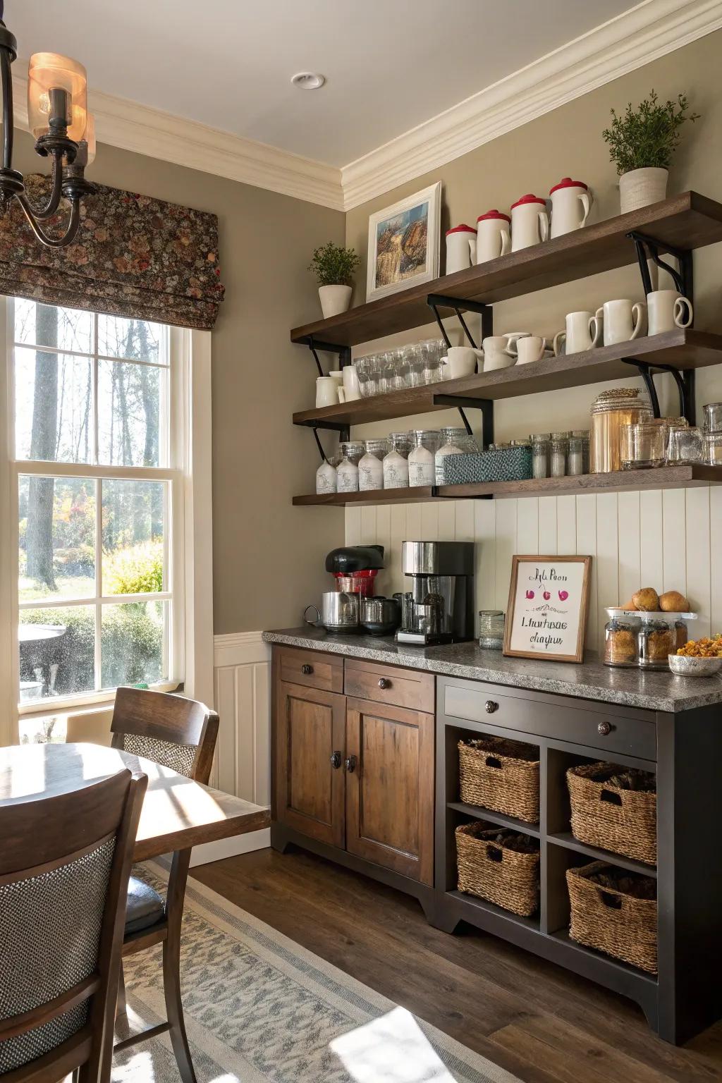 A captivating coffee alcove arrangement along the dining room shelves.