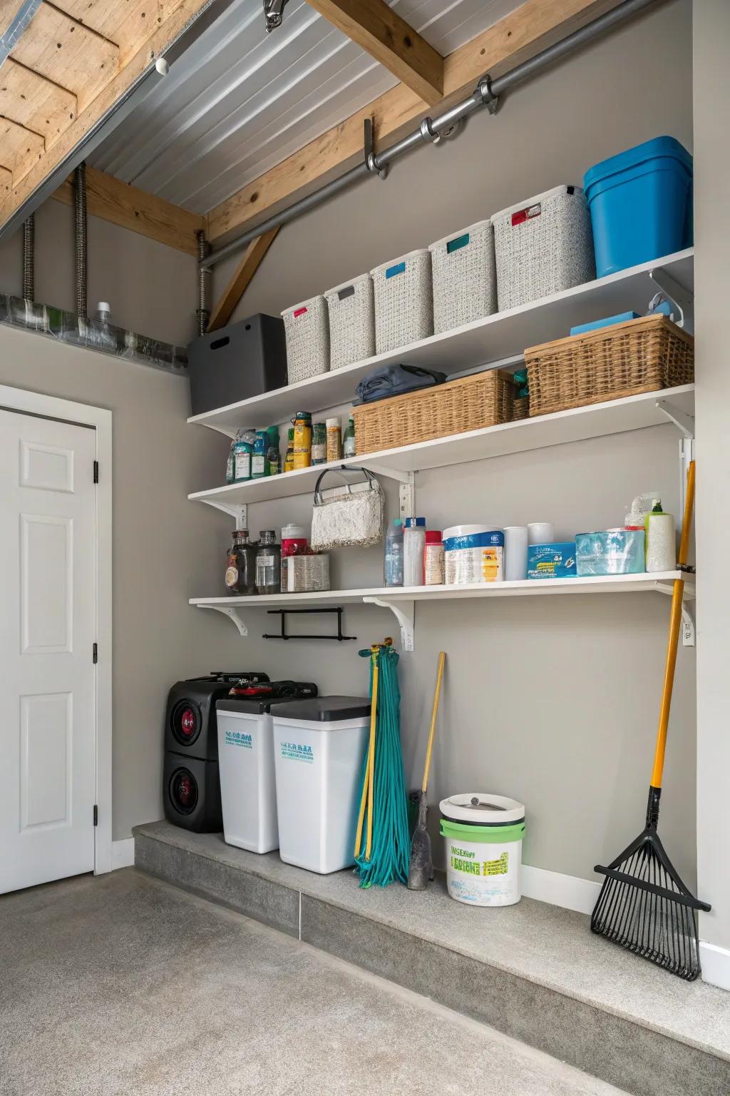 Ceiling-mounted shelves in a utility room, utilizing vertical space for additional storage.