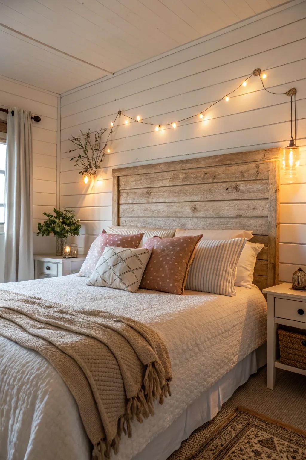 A shiplap bed head wall enhances texture and charm to your bedroom.