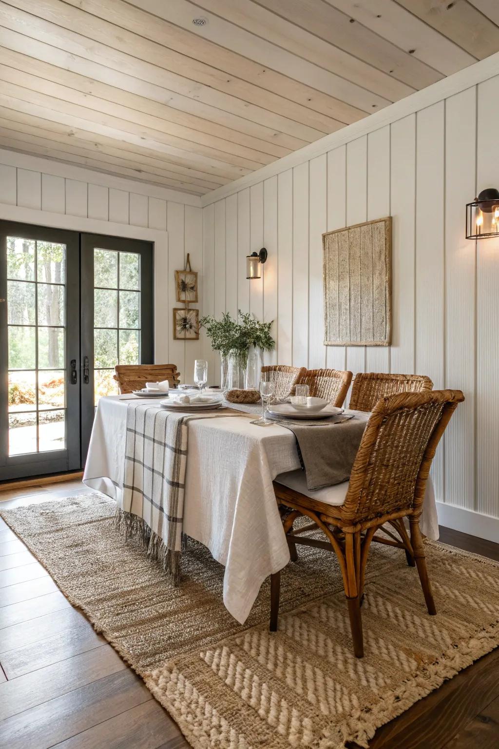 A dining room featuring textured layers and shiplap walls.