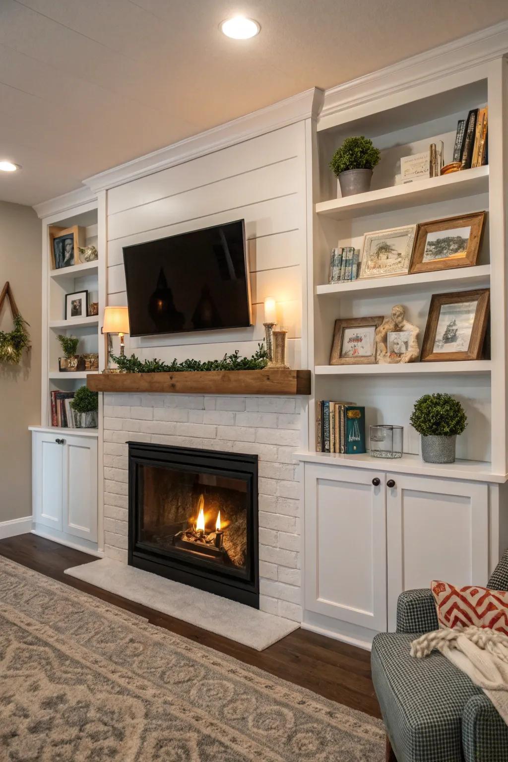 Integrated shelves contribute utility and personal design to the shiplap fireplace.