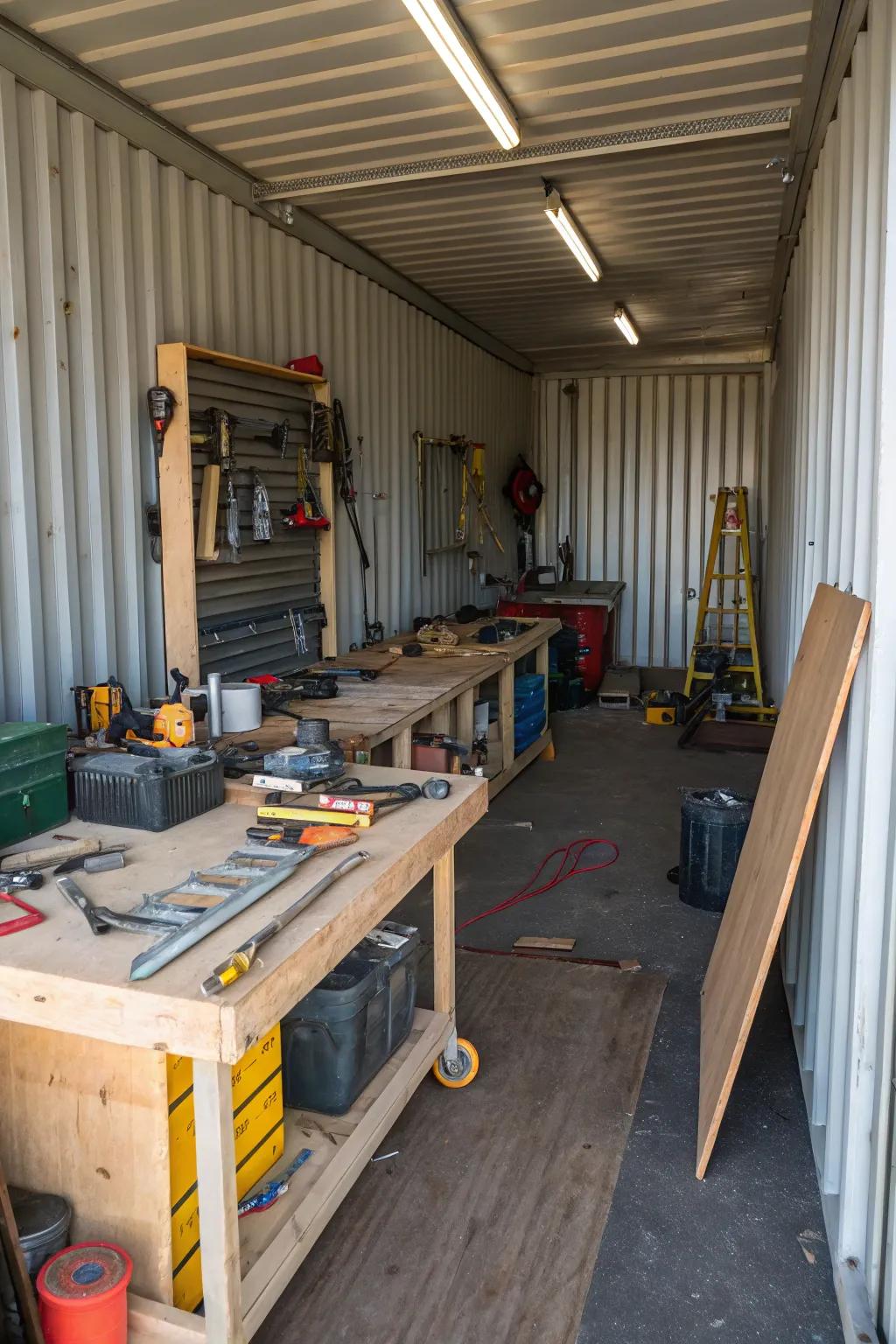A bustling workshop within a shipping container barn.