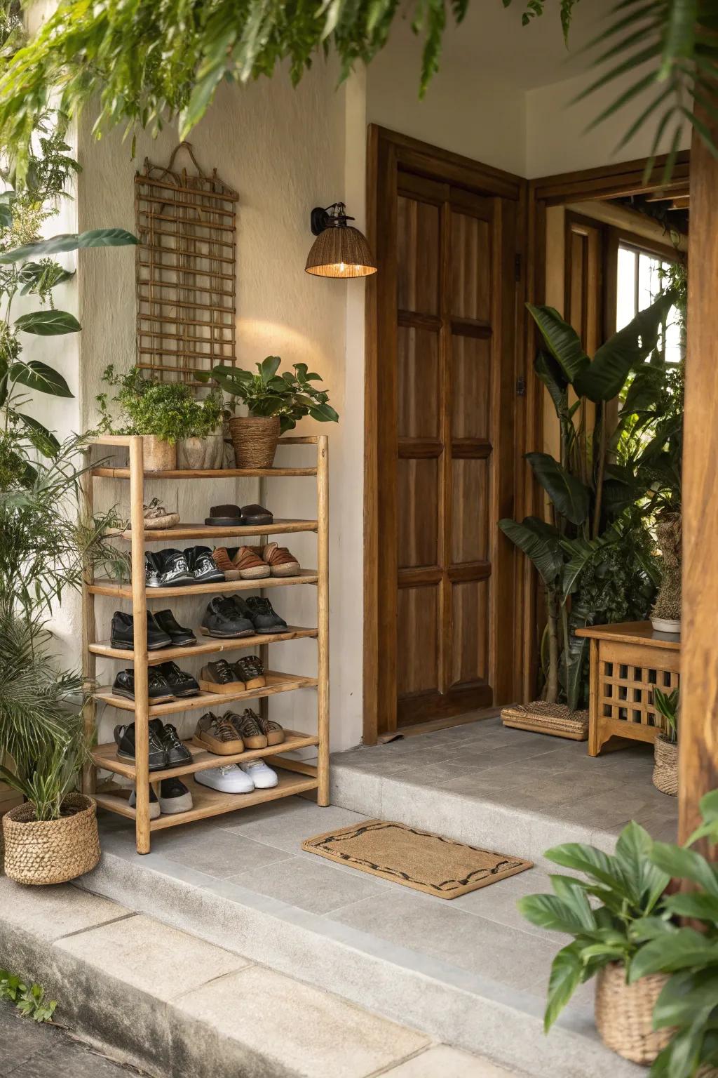 Eco-conscious bamboo racks add natural beauty to the foyer.