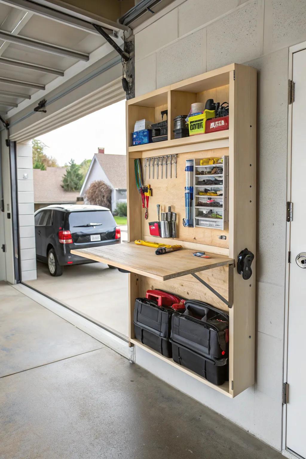 A folding workbench mounted on a garage wall.