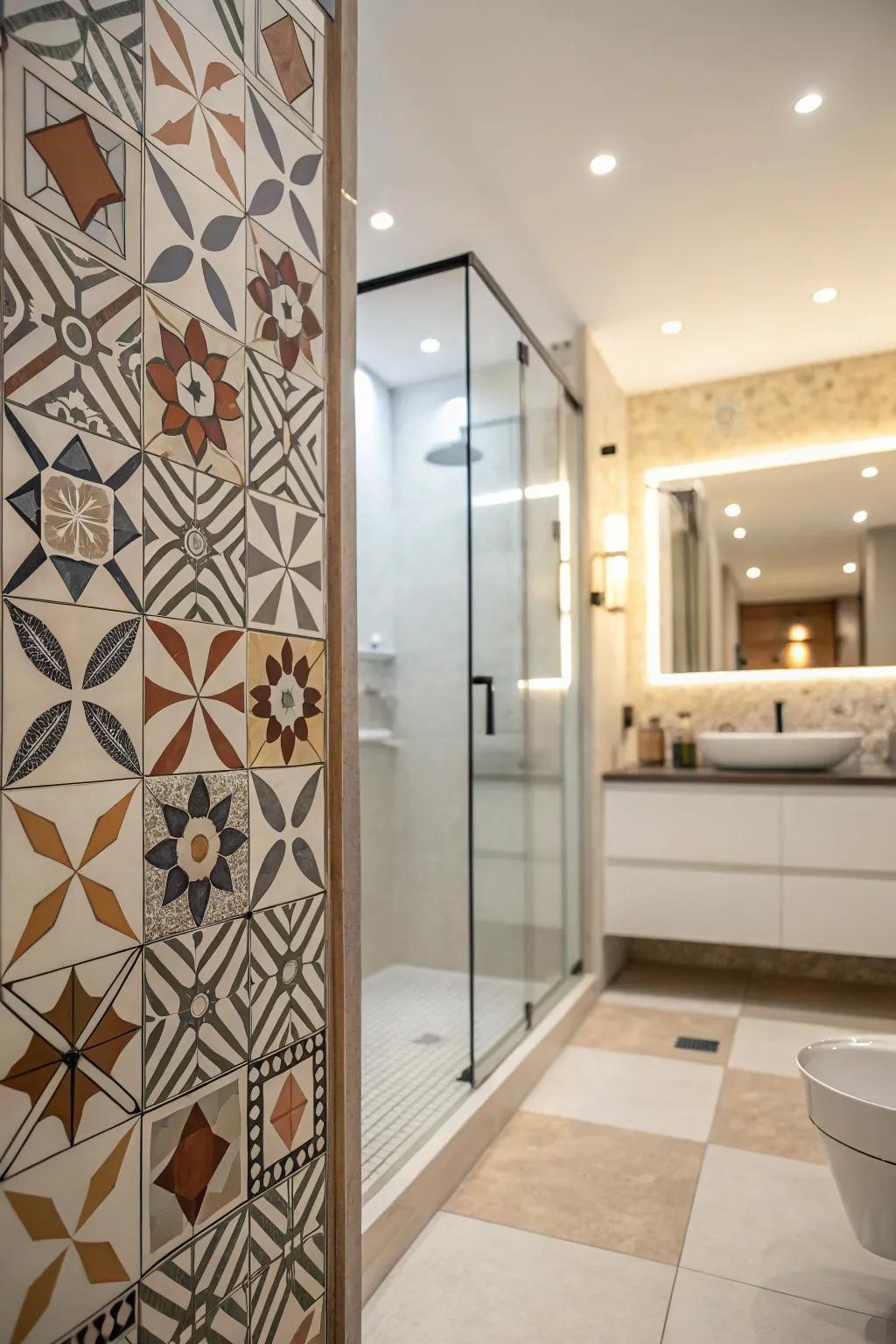 A contemporary washroom featuring fashionable symmetric patterns.