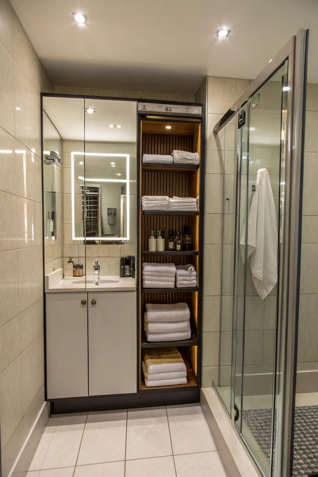 Mirrored storage units blend utility with visual attractiveness.