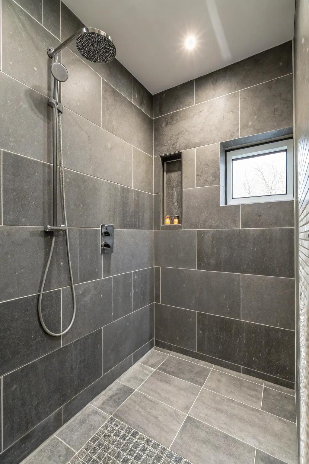 Sense of space amplified by oversized grey tiles in a shower.