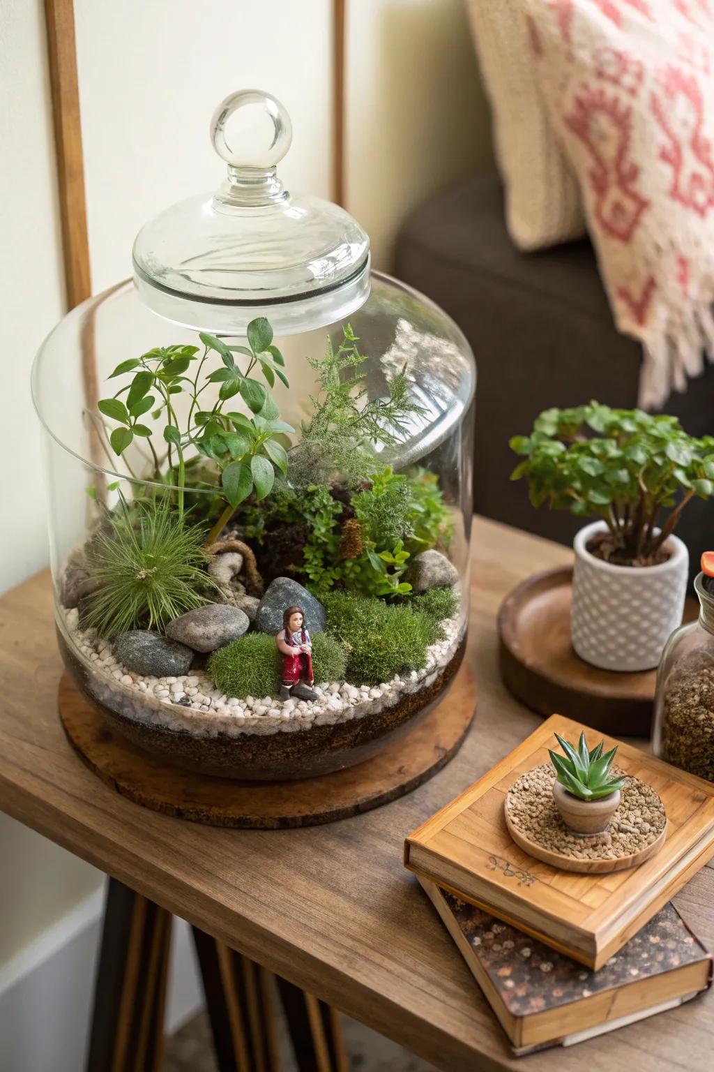 A side table showcasing a delightful miniature garden.