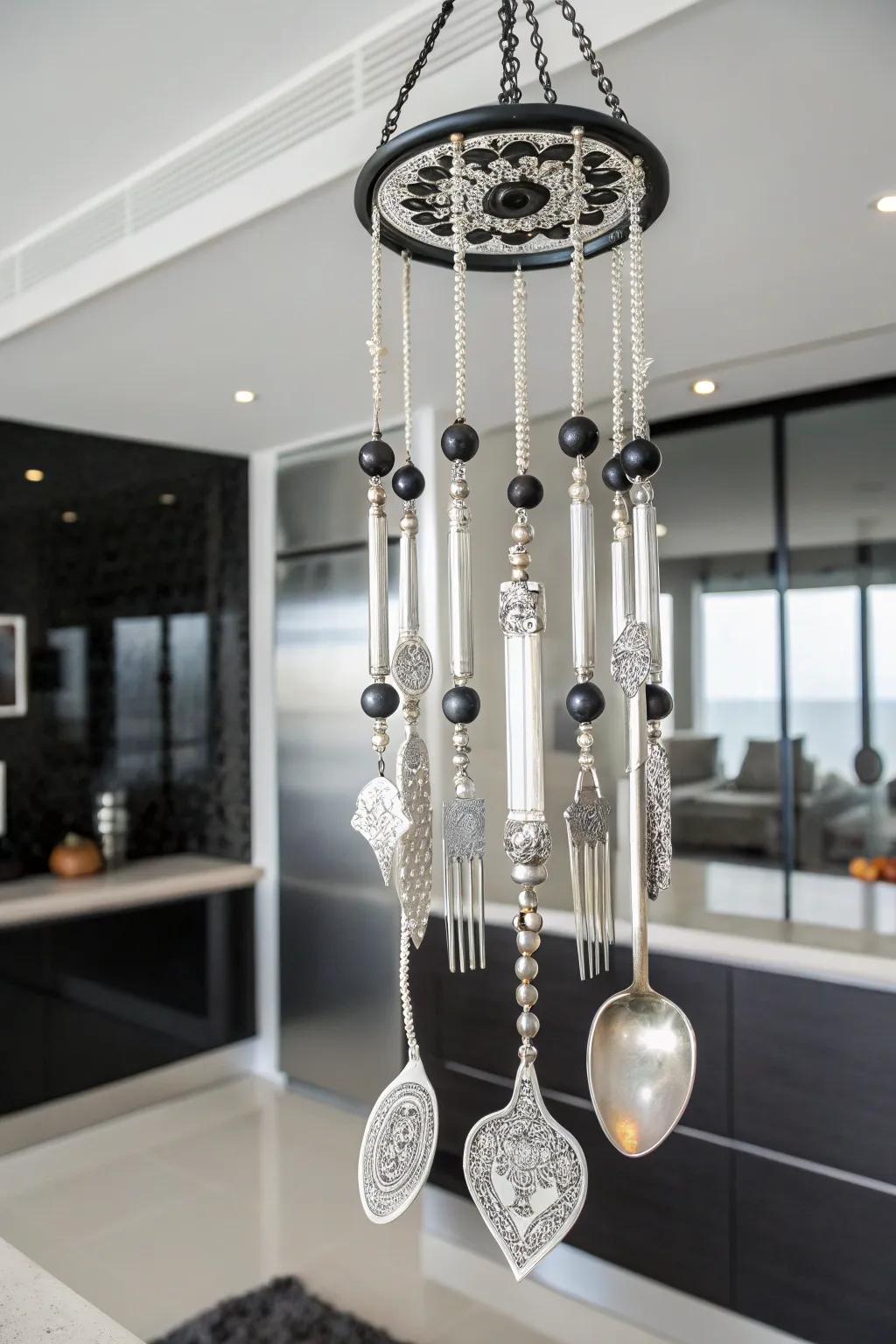 Monochrome elegance within a silverware wind chime.