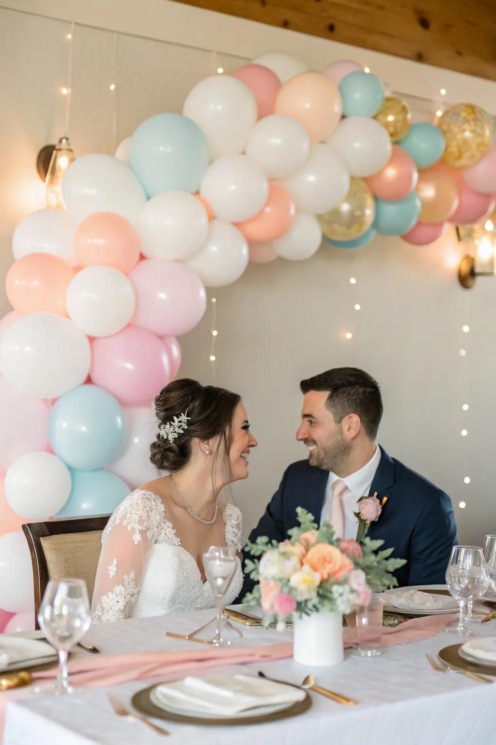 A bride and groom table featuring a whimsical balloon garland.