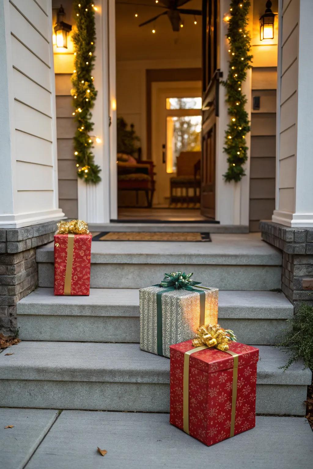 Gift boxes upon the steps inject a festive and welcoming impression.