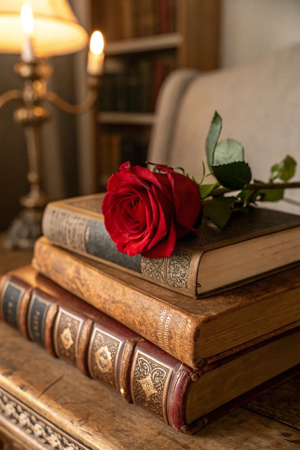 A rose on books brings a literary charm onto your design.