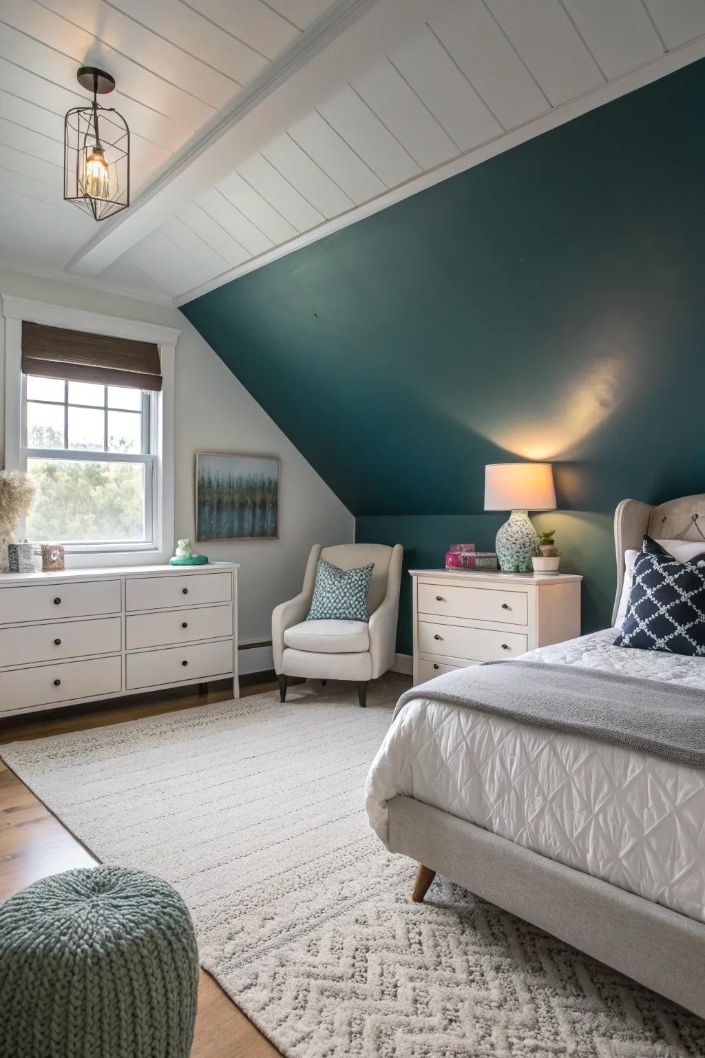 Gradient painting creates a stunning illusion of height and space in this elegant bedroom.
