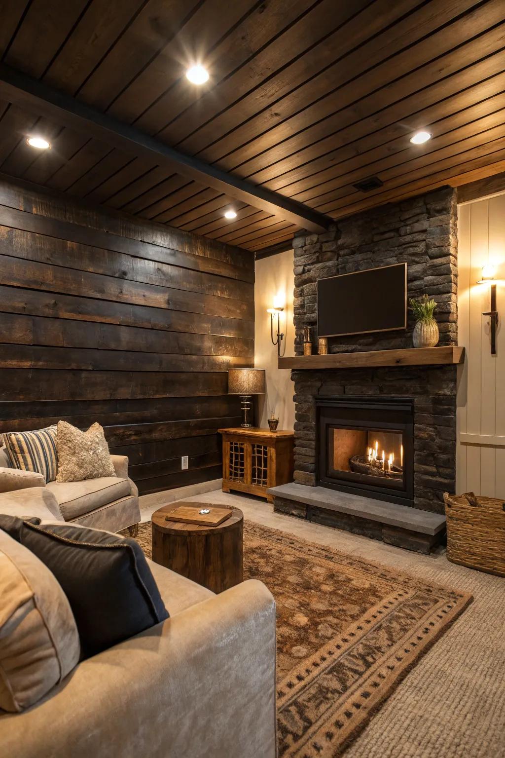 A snug den showcasing blackened lumber strip walls that impart theatricality and refinement.