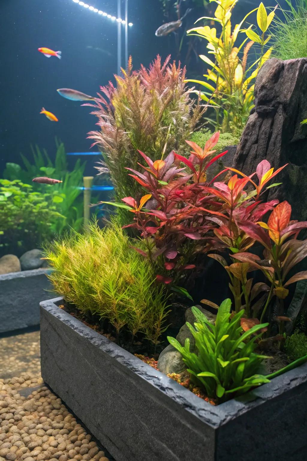 Lush graystone pots flourishing inside an aquarium.