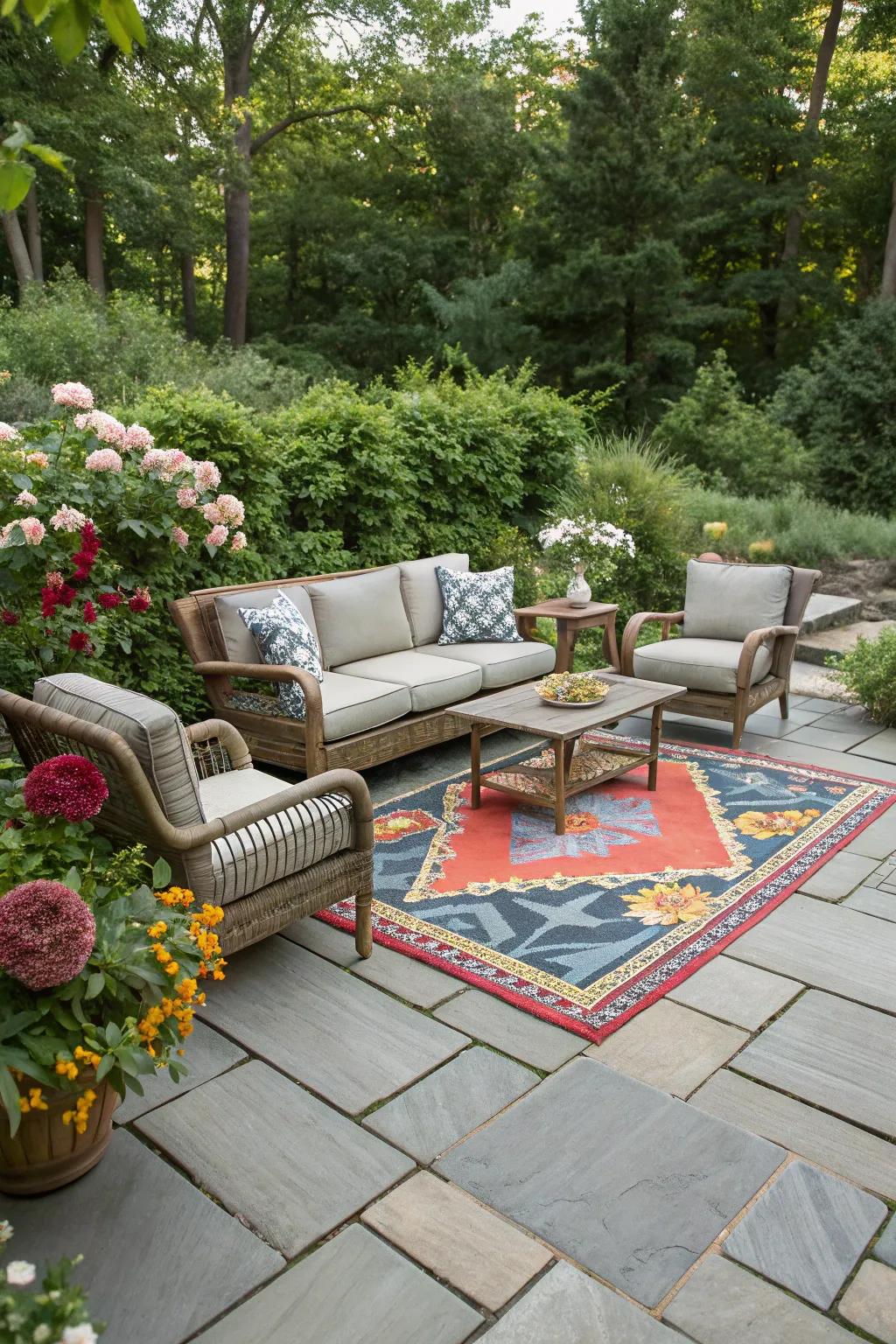 A slate patio enriched with a vibrant outdoor rug.