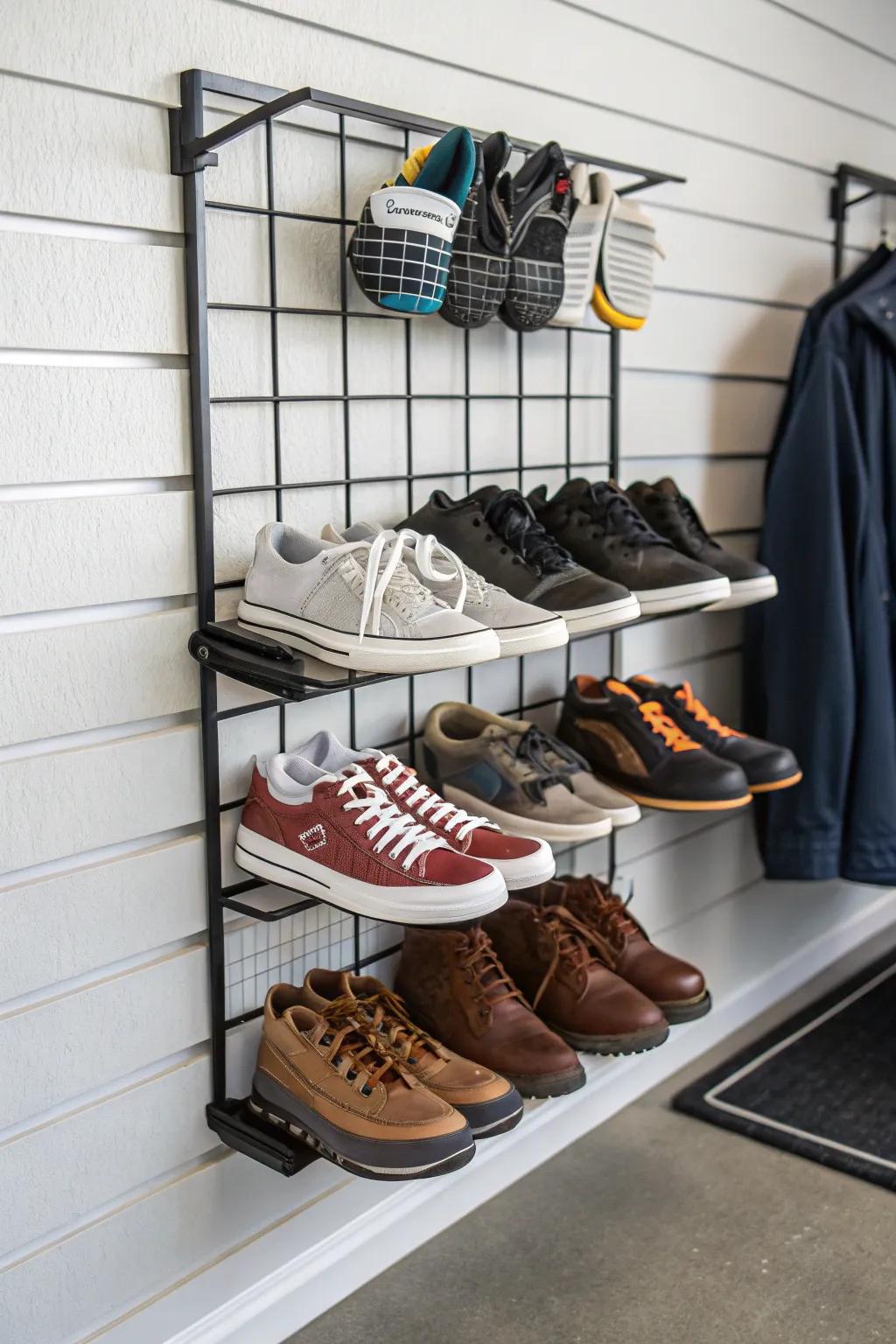 A panel-track shoe rack keeps muddy shoes organized and off the floor.