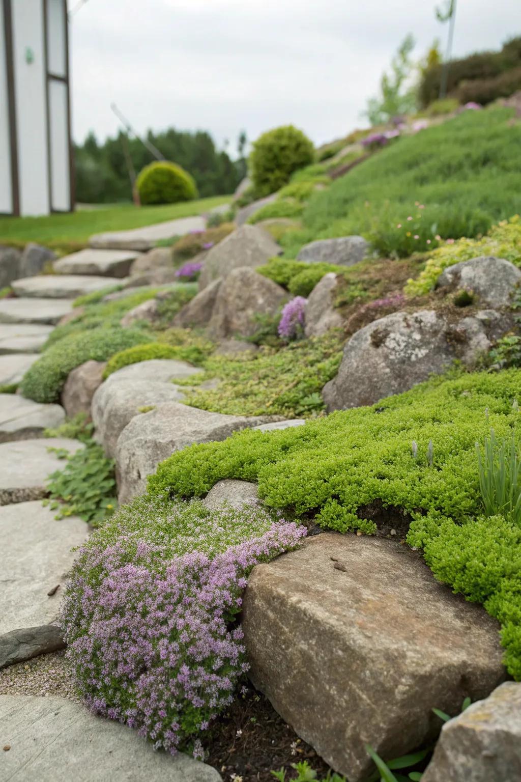 Creeping groundcovers soften the look of hard rocks.