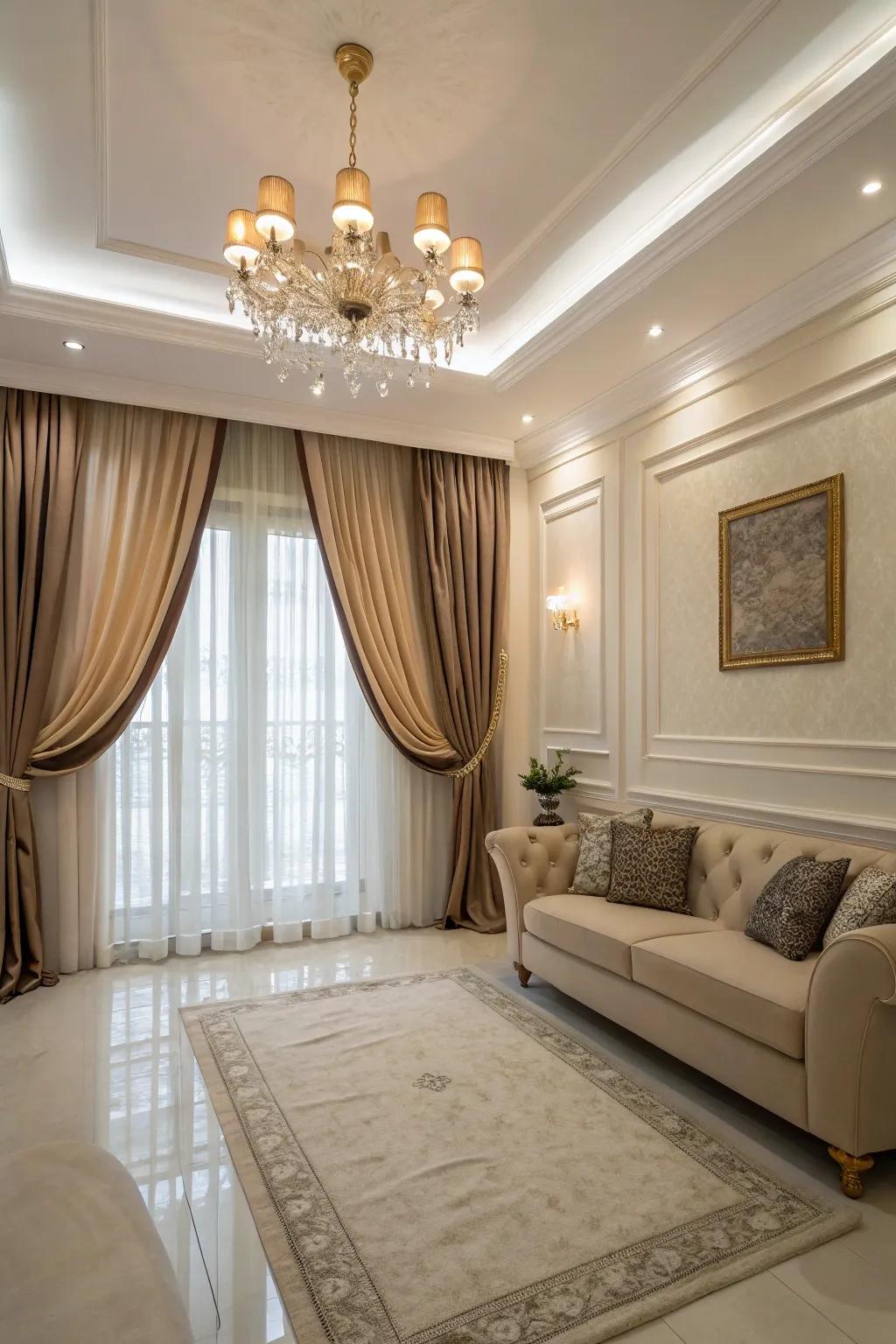 High window coverings introduce height and elegance.