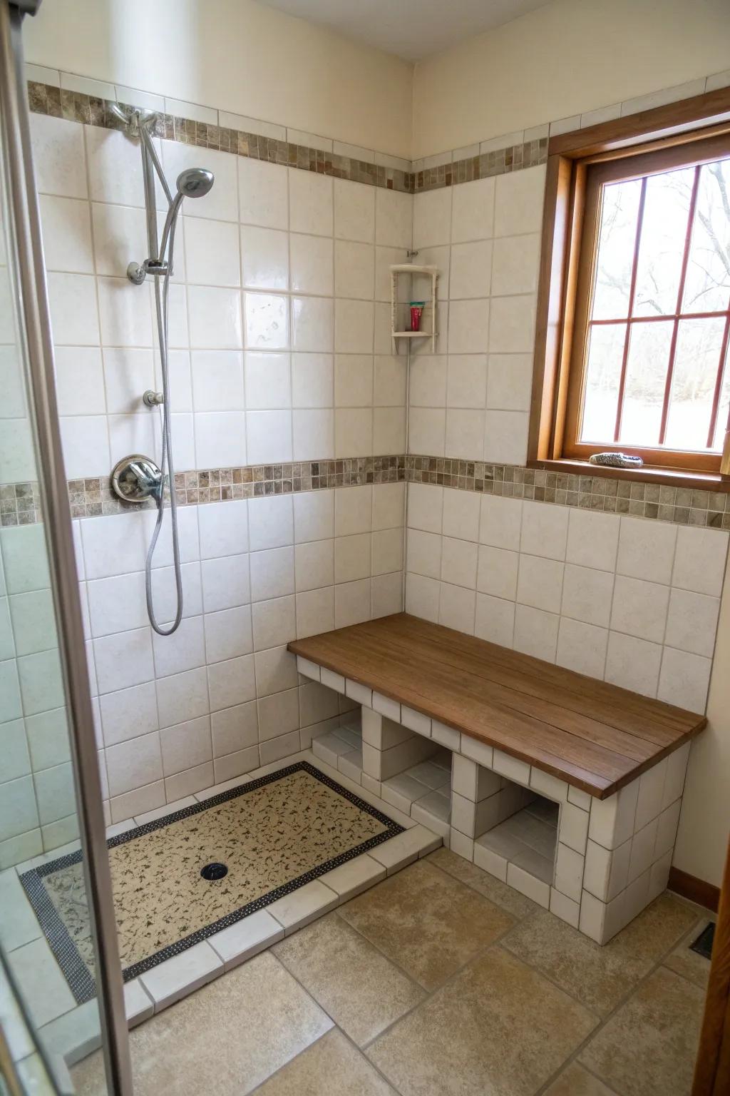 A built-in bench enhances the function and style of a small bathroom.