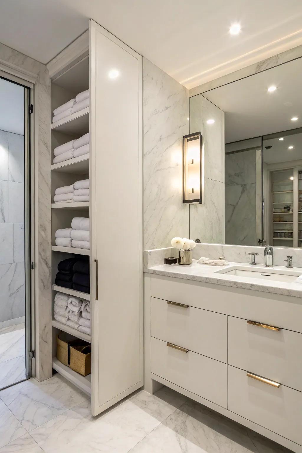 Keep towels discreetly organized with hidden cabinetry.