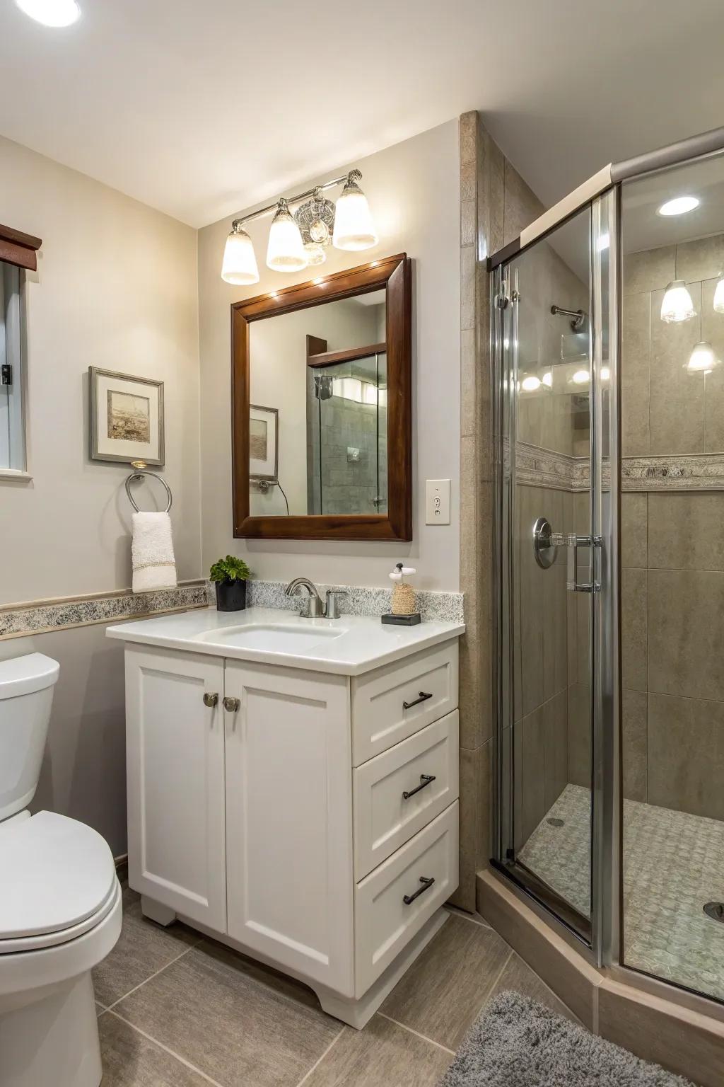 A edge organizer that maximizes space and adds functionality to a compact bathroom.