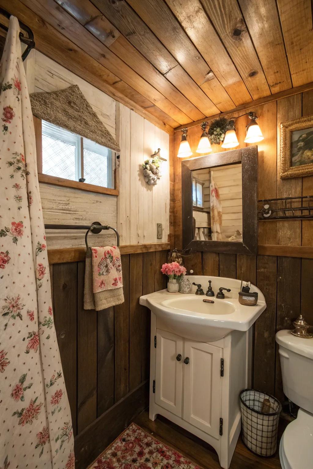 Reclaimed wood adds historical charisma to this bathroom.