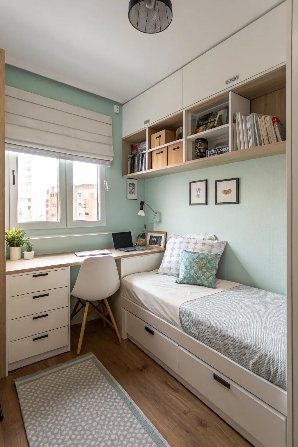 A compact bedroom that uses streamlined furniture to maximize the sense of space.