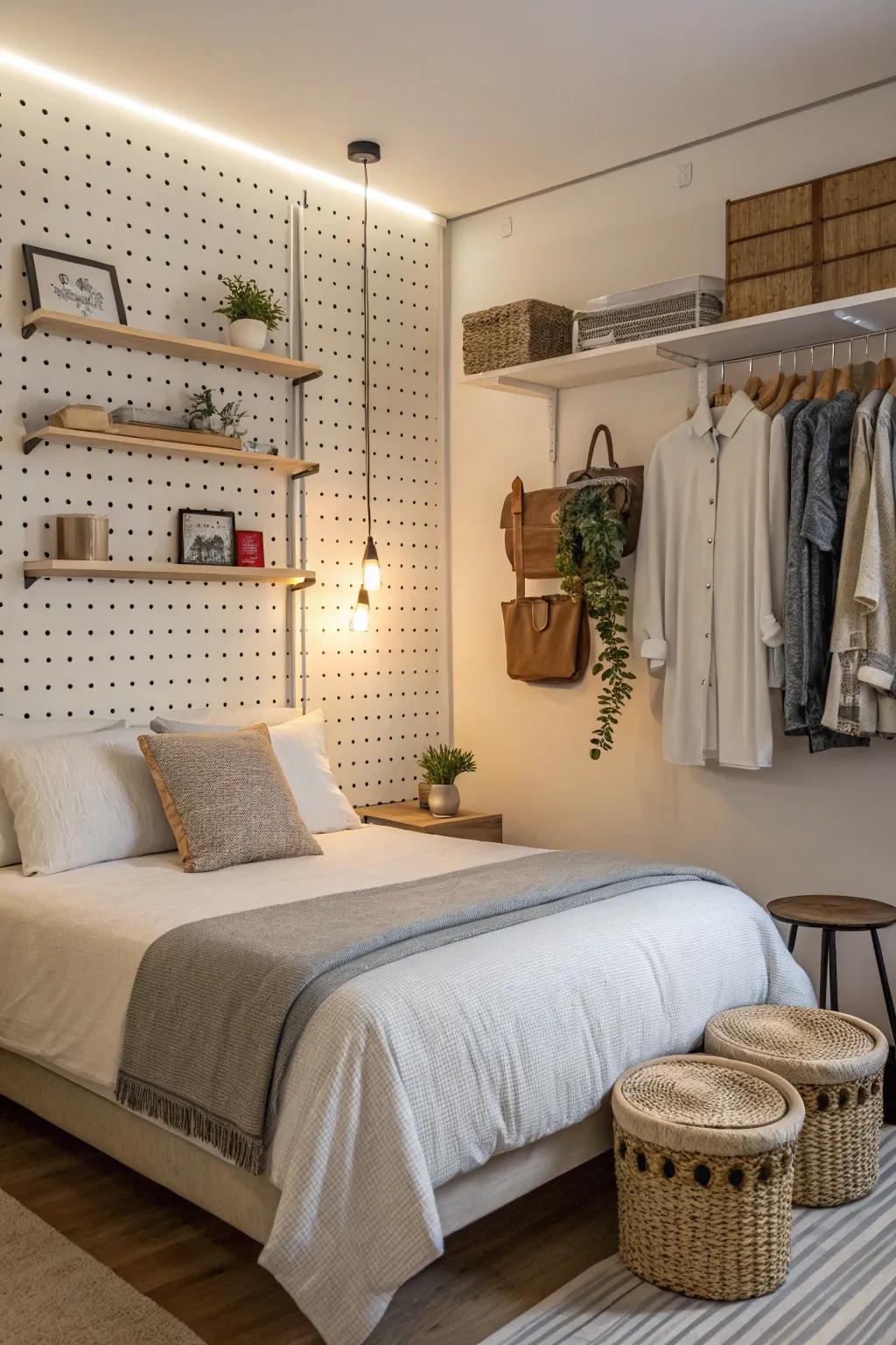 A minimalist pegboard offers flexible bedside storage.
