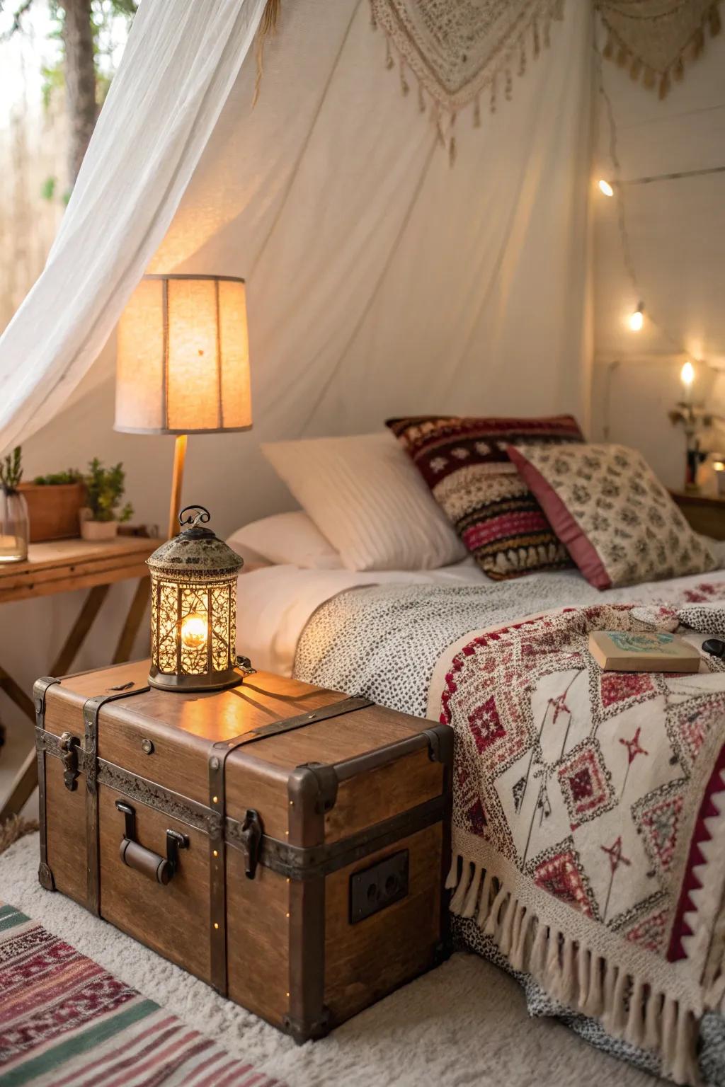Yesteryear aspects inject profundity and antiquity into this boho bedroom