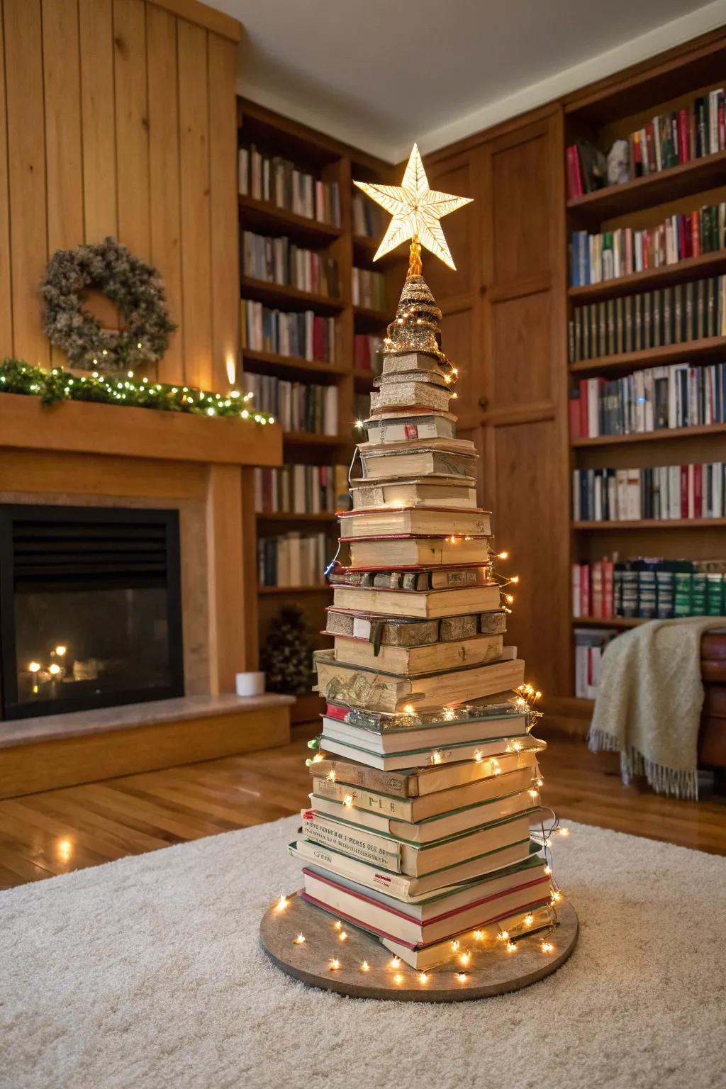 A creative evergreen of tomes appends a literary inflection to holiday embellishments.
