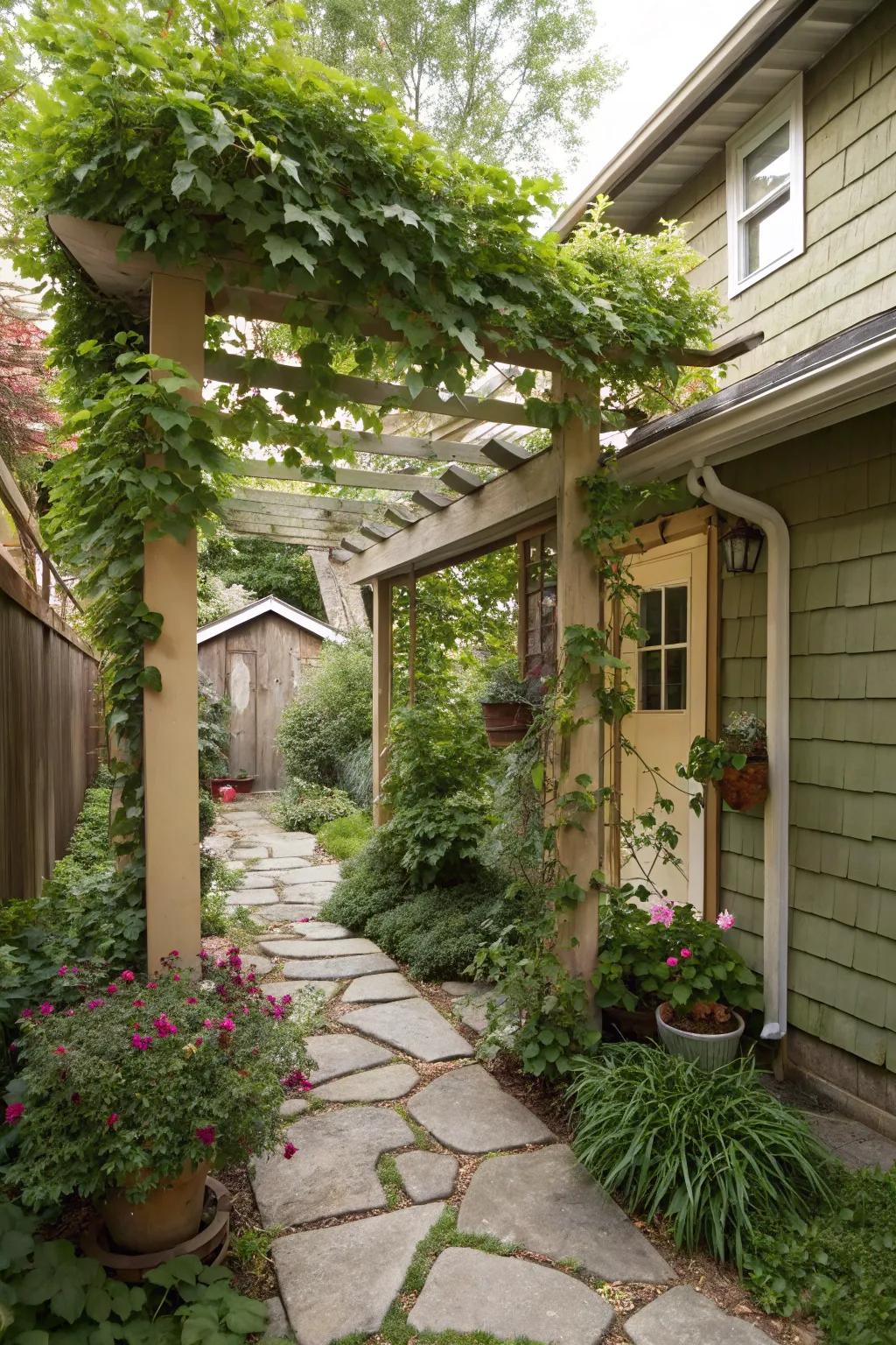A DIY arbor offers shade and supports greenery.