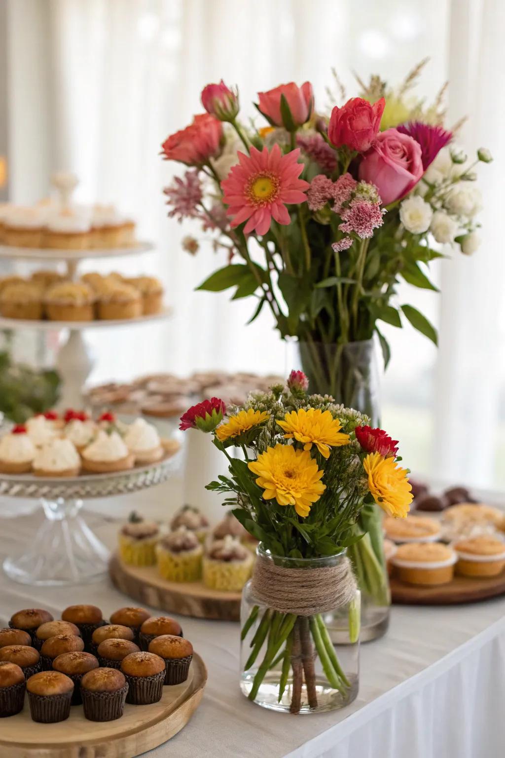 Elegant floral accents that beautifully enhance a dessert table.