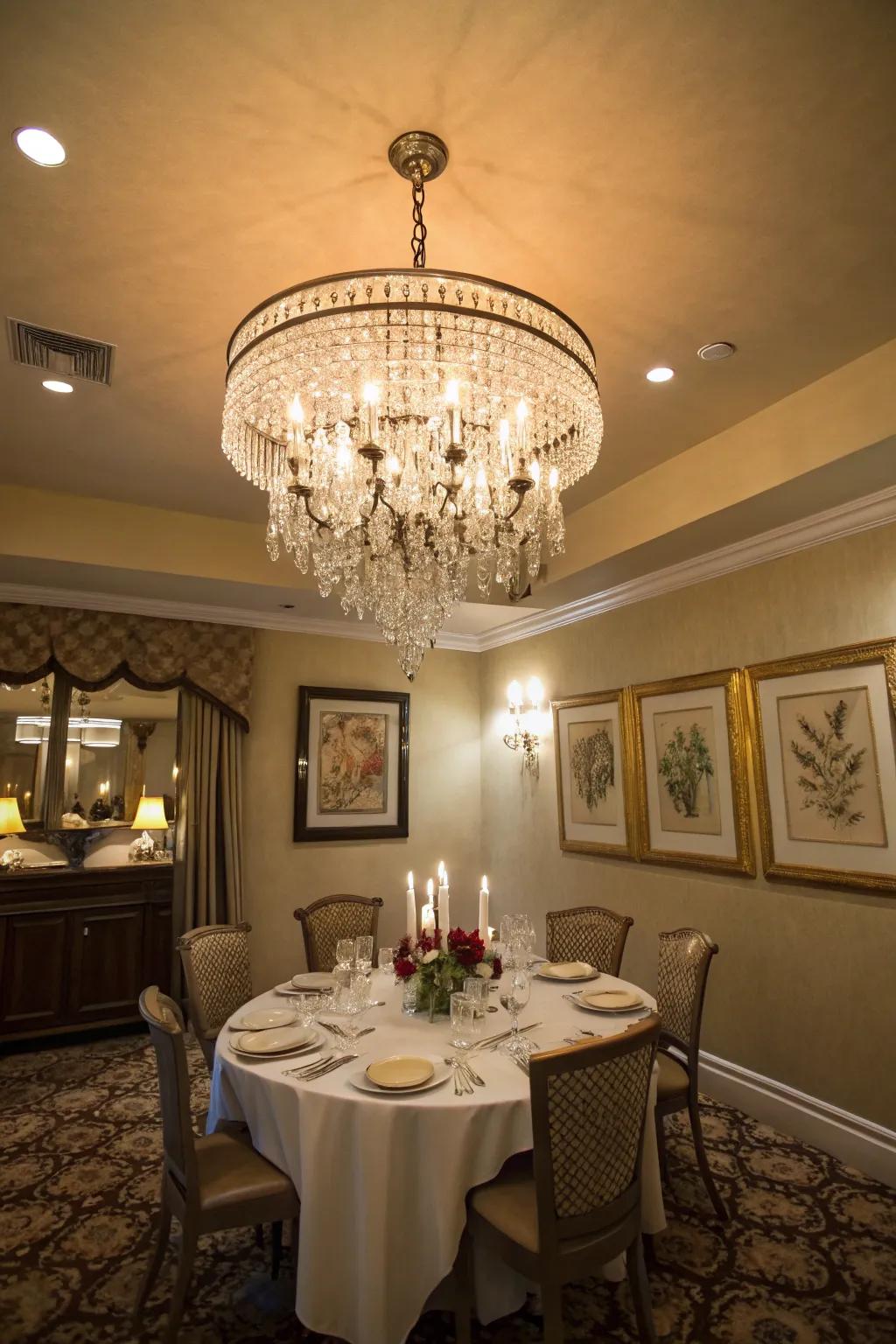 Cascading luminaires proffer elegance and texture to constricted dining rooms.
