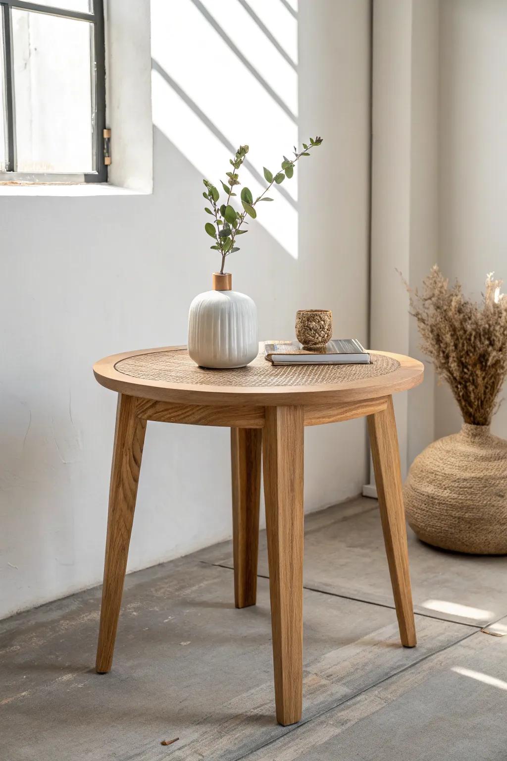 An eco-friendly end table complements a minimalist setting.