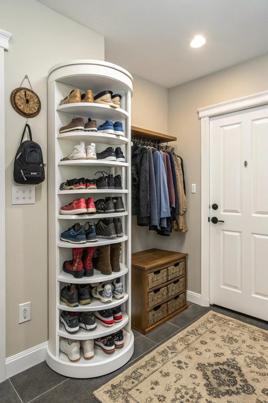Revolving racks store multiple pairs in a compact area.