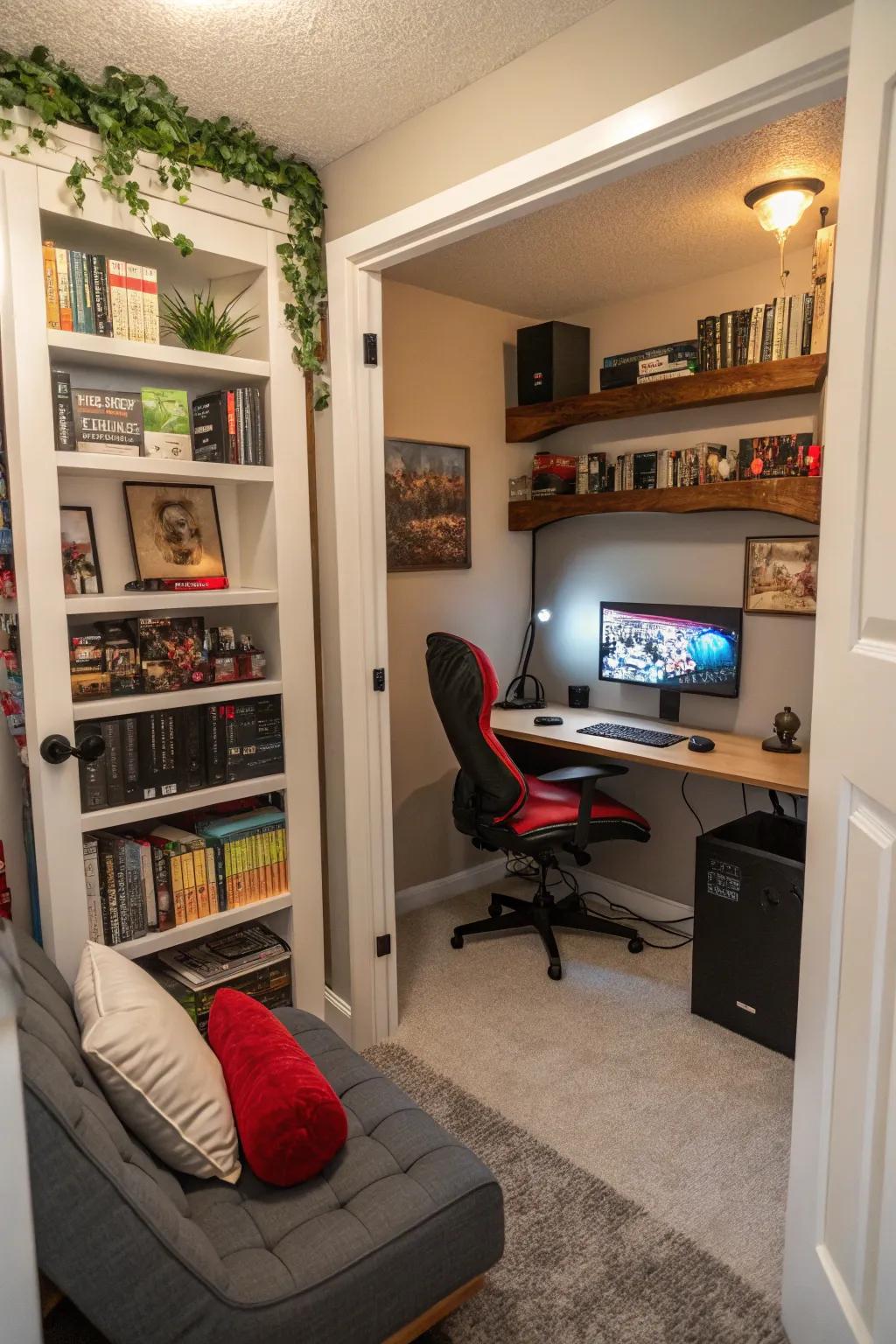 A closet converted into a snug gaming alcove maximizes area.